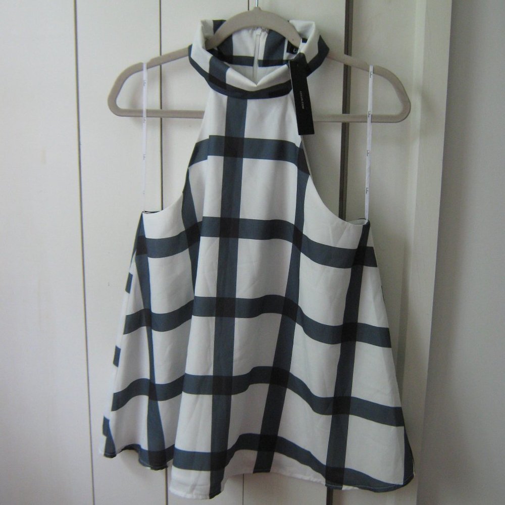 NWT Lulus Grey/White Plaid Halter Blouse